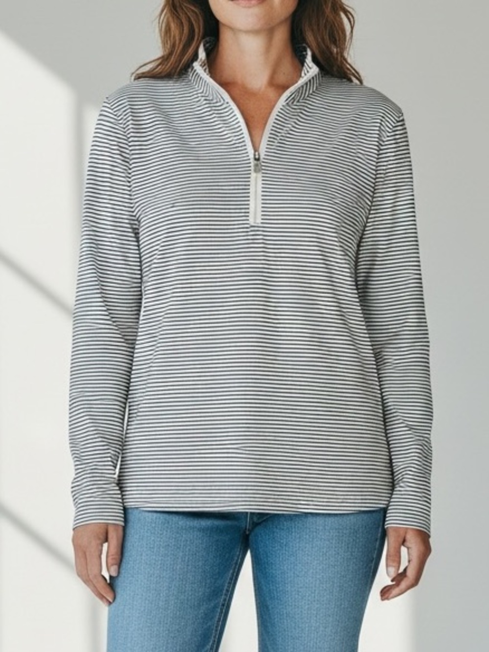 Tory Burch TB Sport 1/4 Zip Striped Pullover Long Sleeve Top Blue White Medium